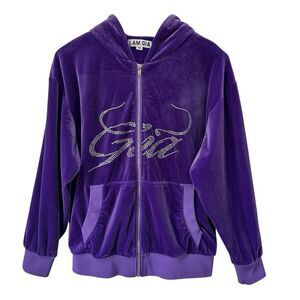 I.AM.GIA Rhinestones Velour Zip Up Hoodie Baggy Oversized XS Purple PRISTINE